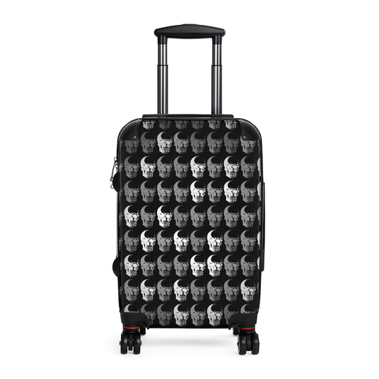 Getrott Black & White Skull Print Pattern Cabin Suitcase Inner Pockets Extended Storage Adjustable Telescopic Handle Inner Pockets Double wheeled Polycarbonate Hard-shell Built-in Lock