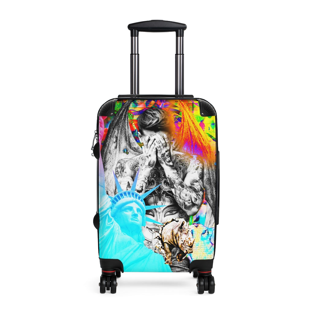 Getrott Graffiti Art Bieber Pop Star Statue of Liberty Cabin Suitcase Inner Pockets Extended Storage Adjustable Telescopic Handle Inner Pockets Double wheeled Polycarbonate Hard-shell Built-in Lock