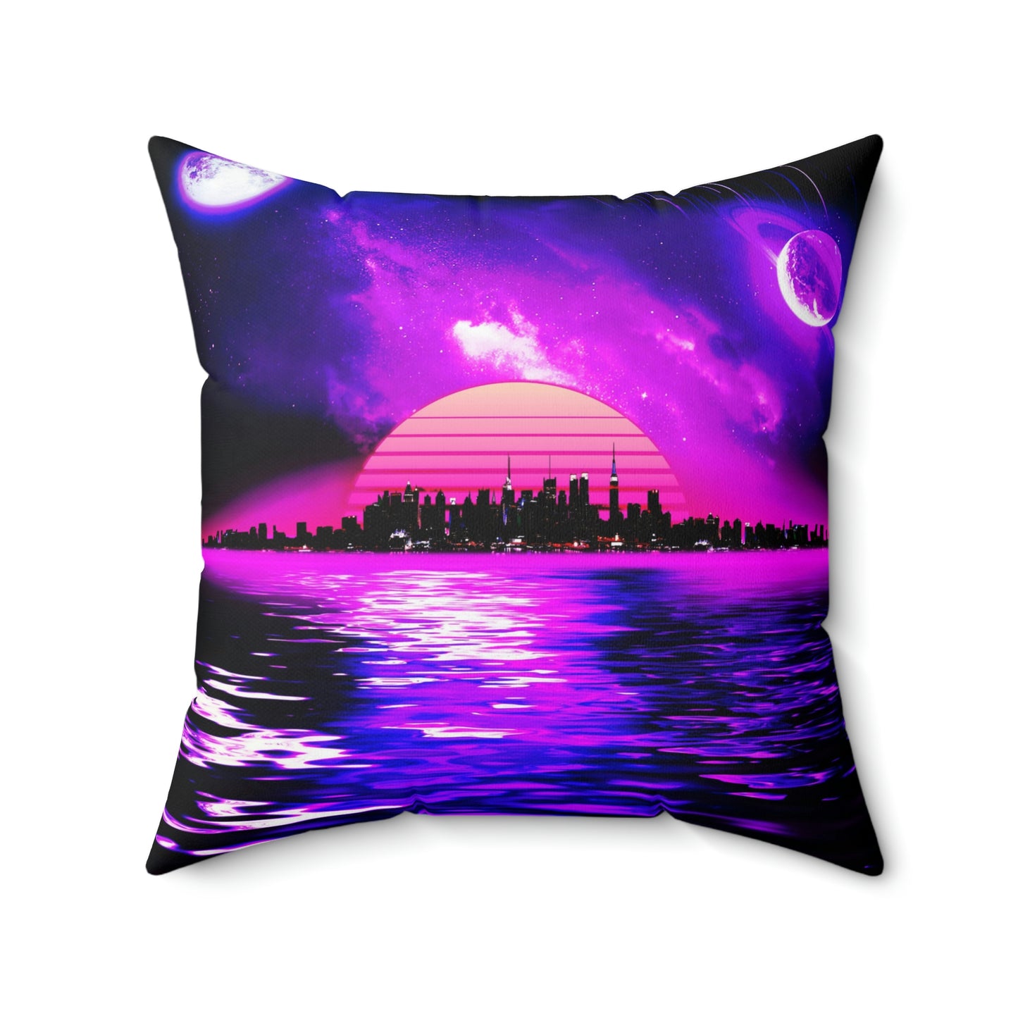 Geotrott Lunar Mars Space City Sunset Purple Pink Blue Spun Polyester Square Pillow