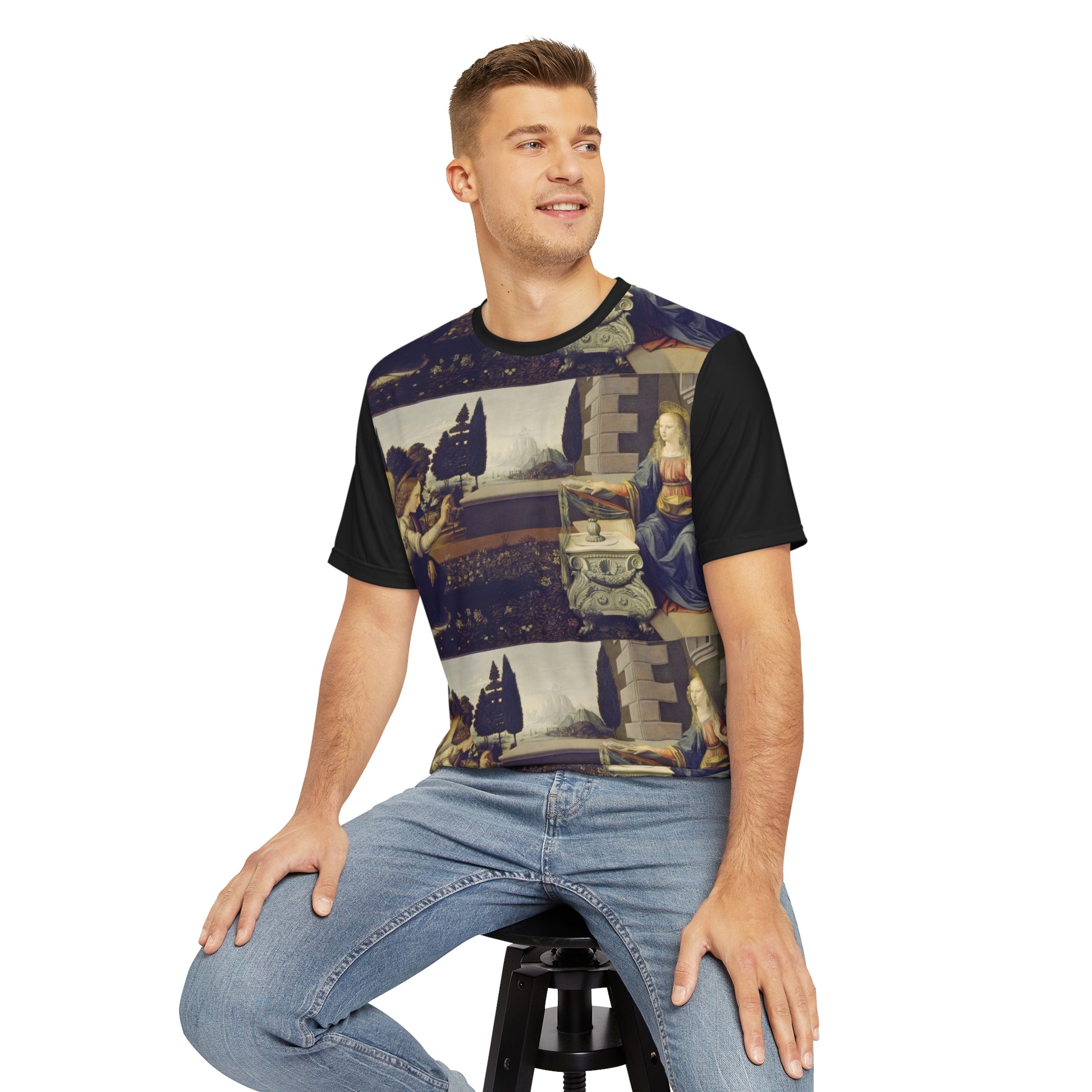 Leonardo da Vinci Annunciazione Grid Classic Art Men's Polyester Tee (AOP)-All Over Prints-Geotrott