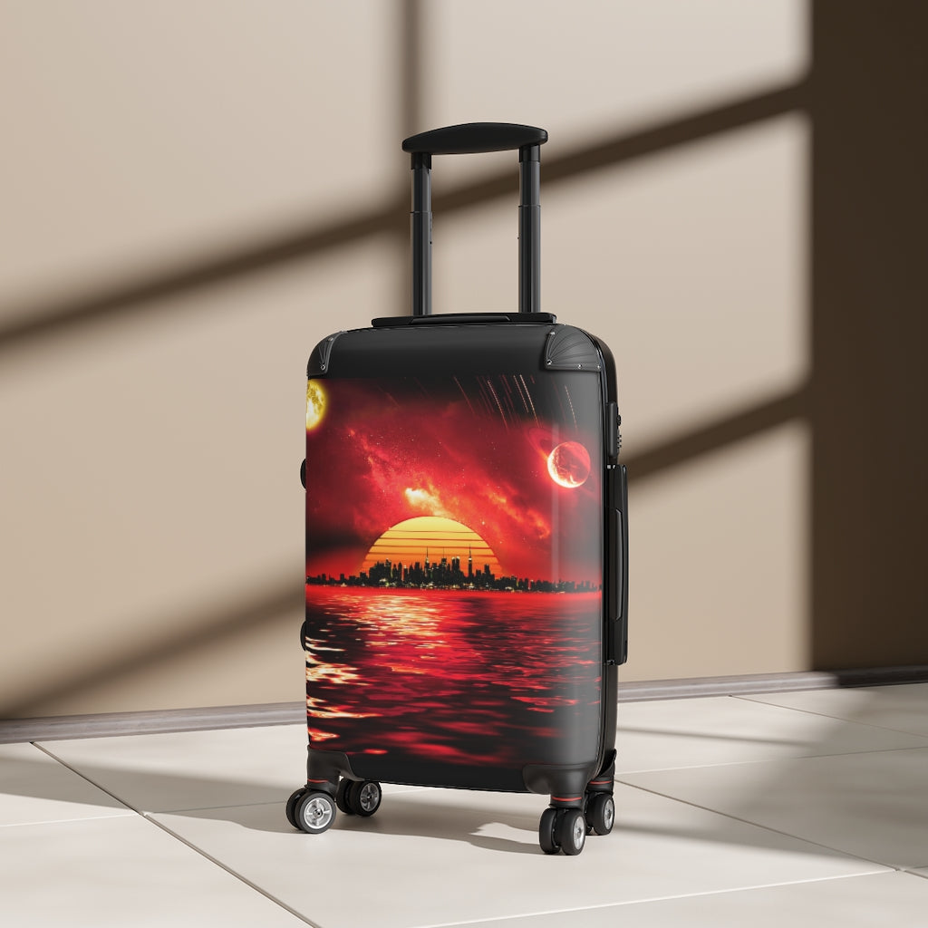 Getrott Space City Sunset Red Black Cabin Luggage Inner Pockets Extended Storage Adjustable Telescopic Handle Inner Pockets Double wheeled Polycarbonate Hard-shell Built-in Lock