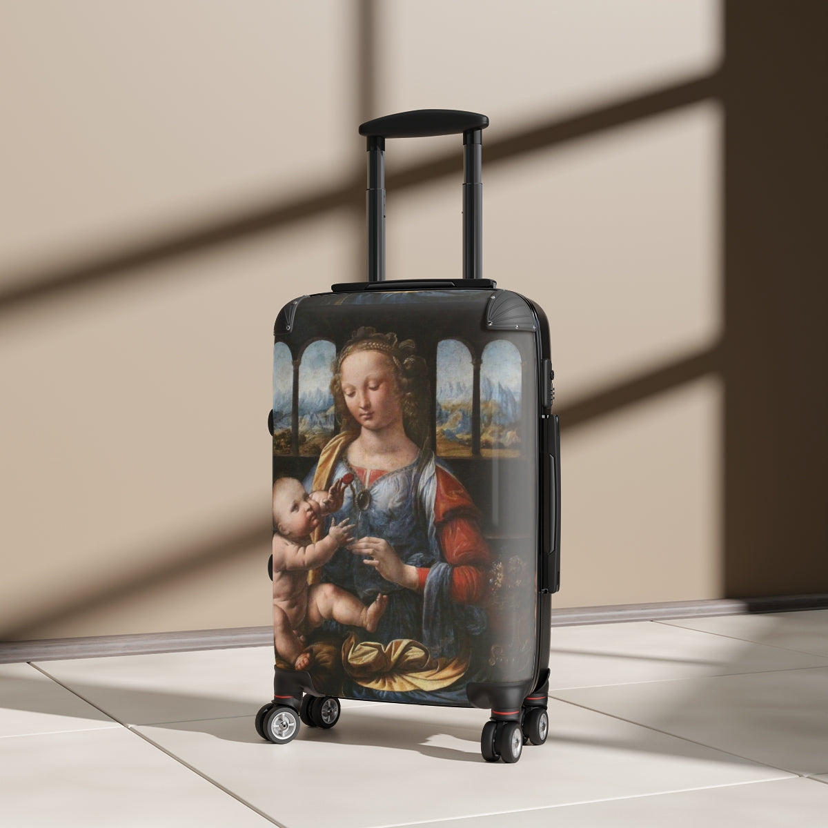 Getrott Madonna of the Carnation by Leonardo Da Vinci Black Cabin Suitcase Extended Storage Adjustable Telescopic Handle Double wheeled Polycarbonate Hard-shell Built-in Lock-Bags-Geotrott