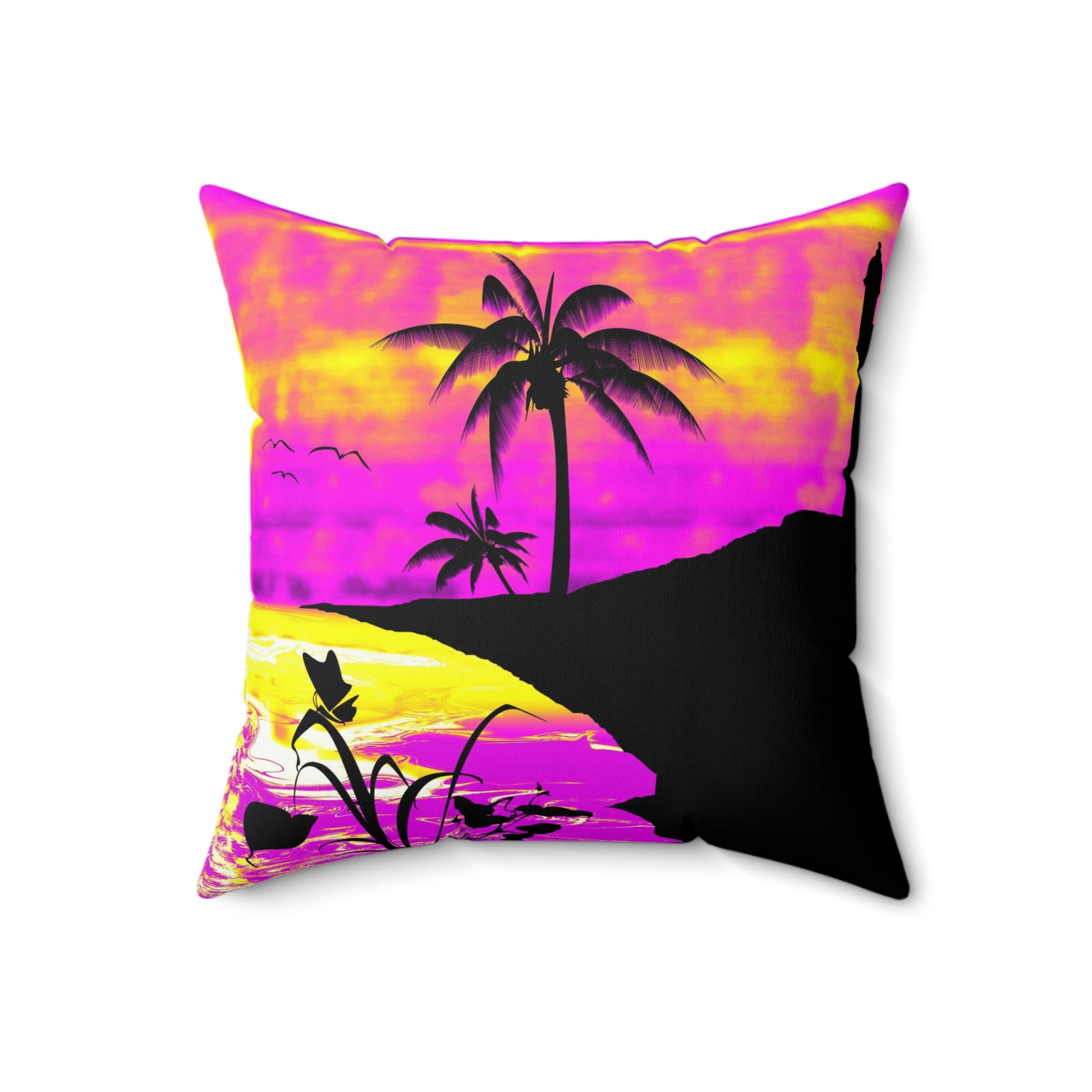 Sunset Beach on San Juan El Morro Palms Pink Purple White Spun Polyester Square Pillow-Home Decor-Geotrott