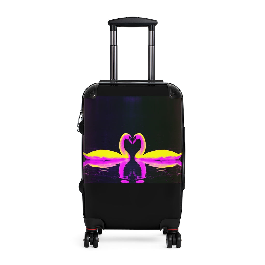 Getrott Swans Kissing Black and Pink Art Cabin Suitcase Inner Pockets Extended Storage Adjustable Telescopic Handle Inner Pockets Double wheeled Polycarbonate Hard-shell Built-in Lock