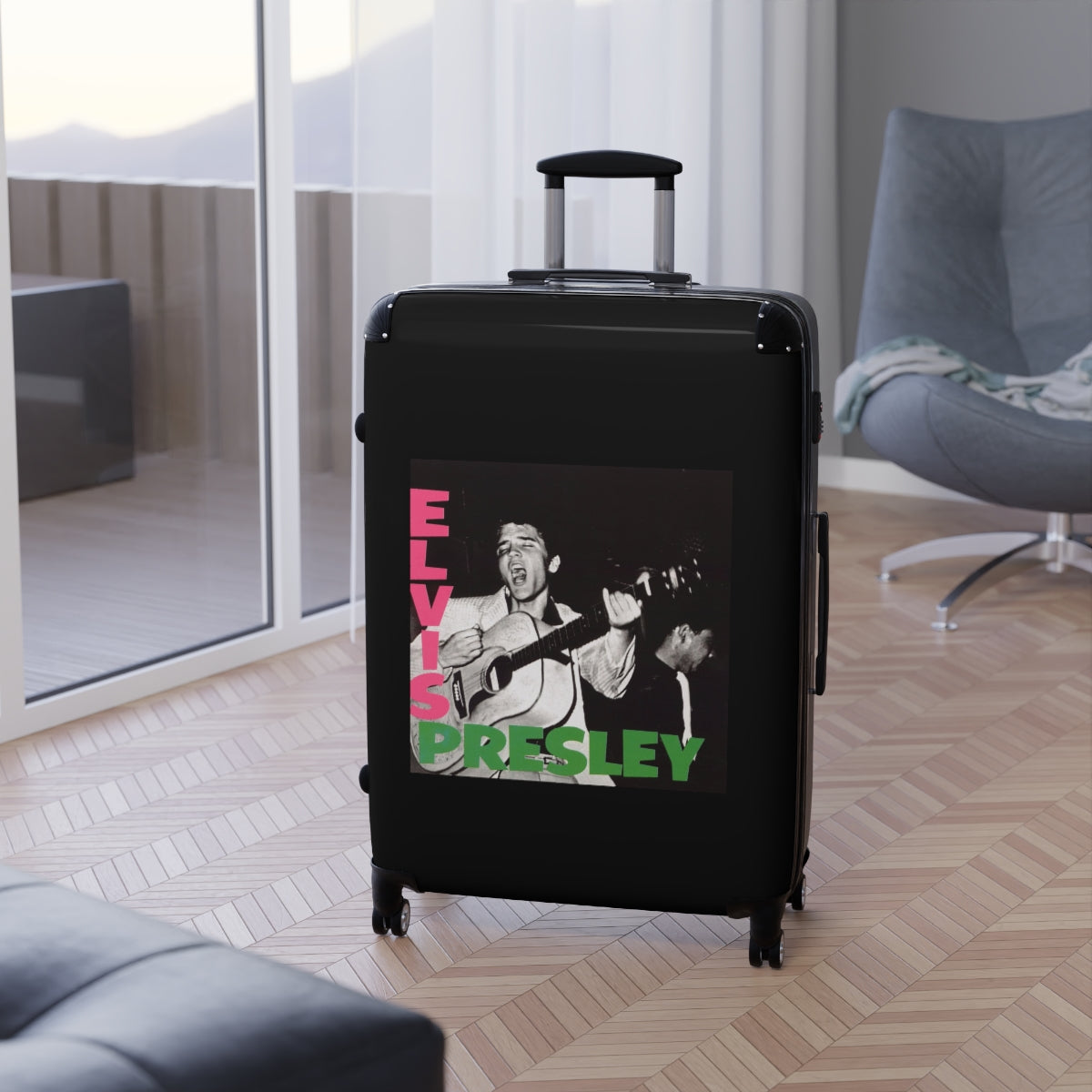 Getrott Elvis Presley Elvis Presley 1956 Black Cabin Suitcase Extended Storage Adjustable Telescopic Handle Double wheeled Polycarbonate Hard-shell Built-in Lock-Bags-Geotrott