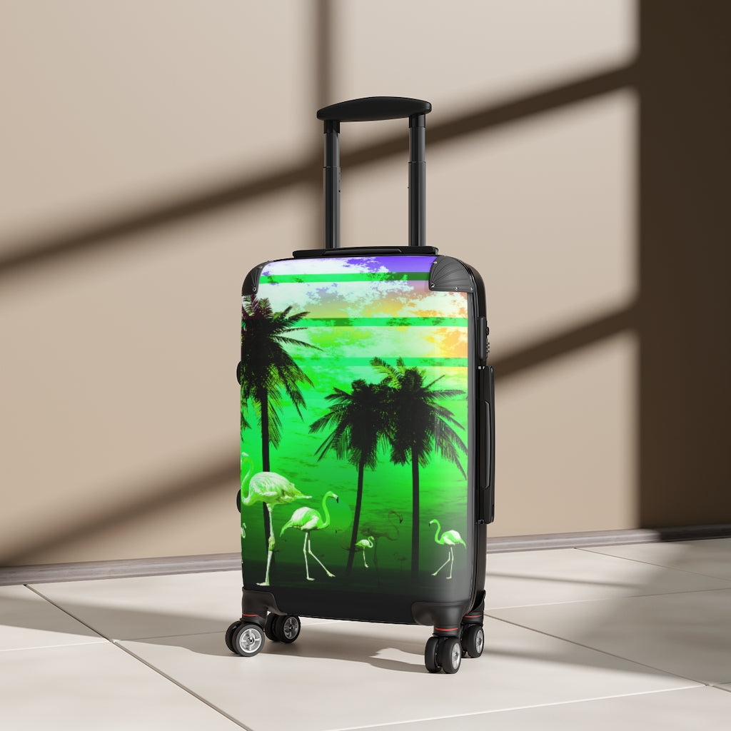 Getrott Green Beach Flamingos Sunset Art Cabin Suitcase Inner Pockets Extended Storage Adjustable Telescopic Handle Inner Pockets Double wheeled Polycarbonate Hard-shell Built-in Lock