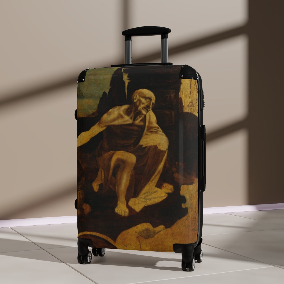 Getrott Saint Jerome in the Wilderness by Leonardo Da Vinci Black Cabin Suitcase Extended Storage Adjustable Telescopic Handle Double wheeled Polycarbonate Hard-shell Built-in Lock-Bags-Geotrott