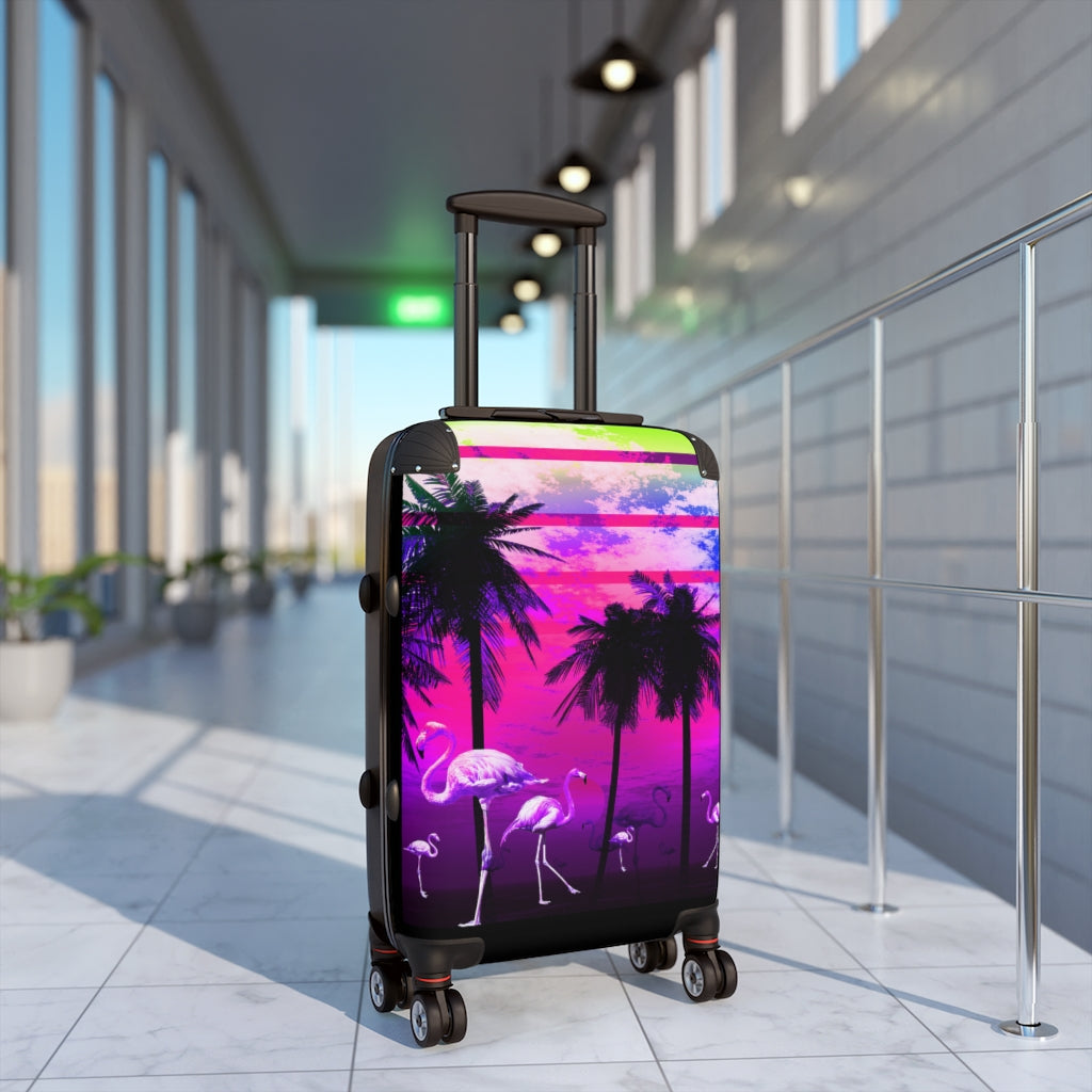 Getrott Pink Beach Flamingos Sunset Art Cabin Suitcase Inner Pockets Extended Storage Adjustable Telescopic Handle Inner Pockets Double wheeled Polycarbonate Hard-shell Built-in Lock