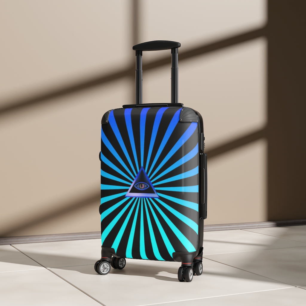 Getrott Blue Illuminati Eye with Rays Art Cabin Luggage Inner Pockets Extended Storage Adjustable Telescopic Handle Inner Pockets Double wheeled Polycarbonate Hard-shell Built-in Lock