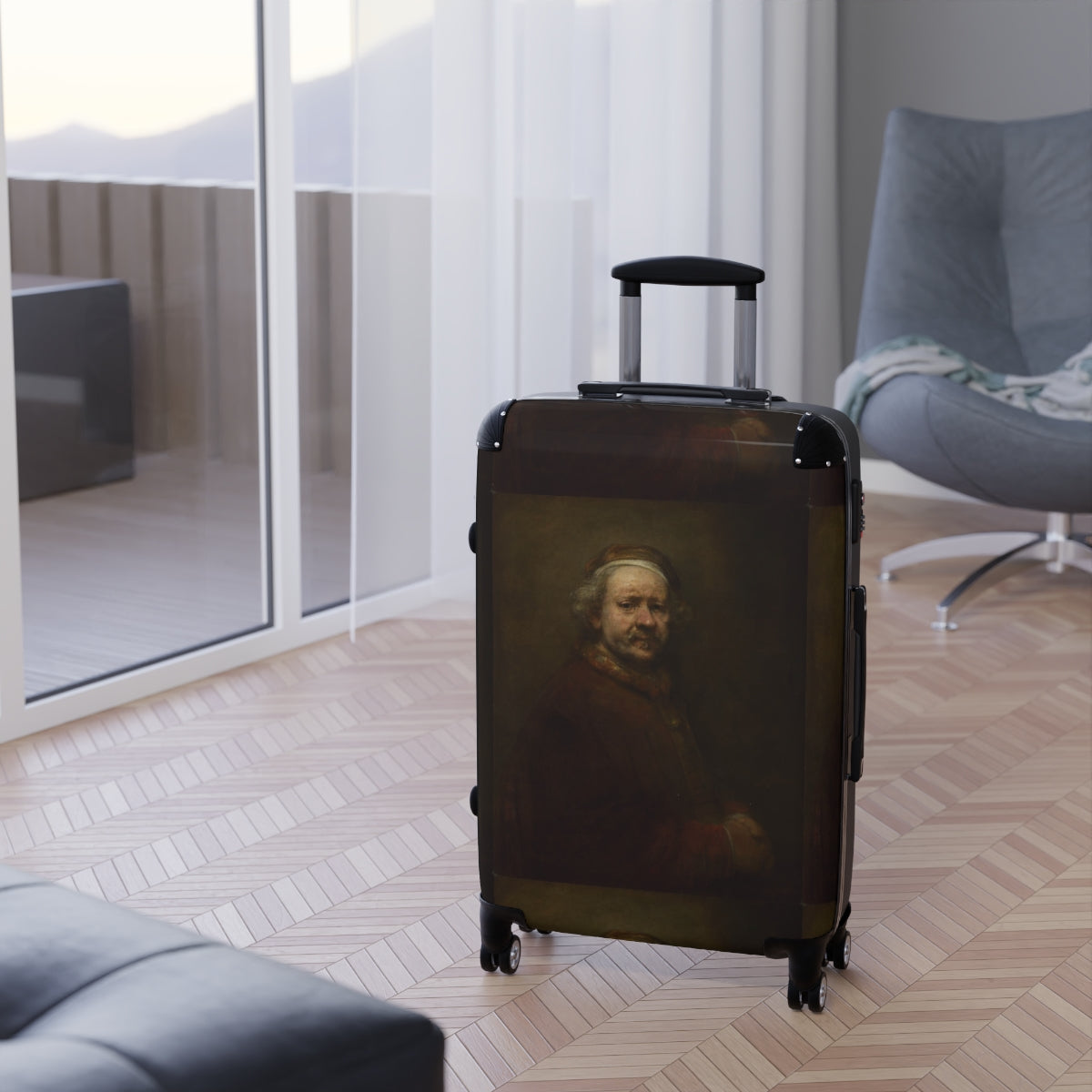 Getrott Rembrandt Self Portrait at the Age of 63 Rembrandt Black Cabin Suitcase Extended Storage Adjustable Telescopic Handle Double wheeled Polycarbonate Hard-shell Built-in Lock-Bags-Geotrott