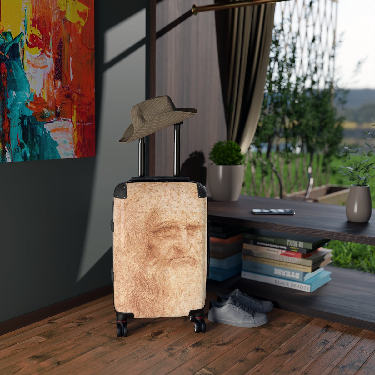 Getrott Portrait of a Man in Red Chalk by Leonardo Da Vinci Black Cabin Suitcase Extended Storage Adjustable Telescopic Handle Double wheeled Polycarbonate Hard-shell Built-in Lock-Bags-Geotrott