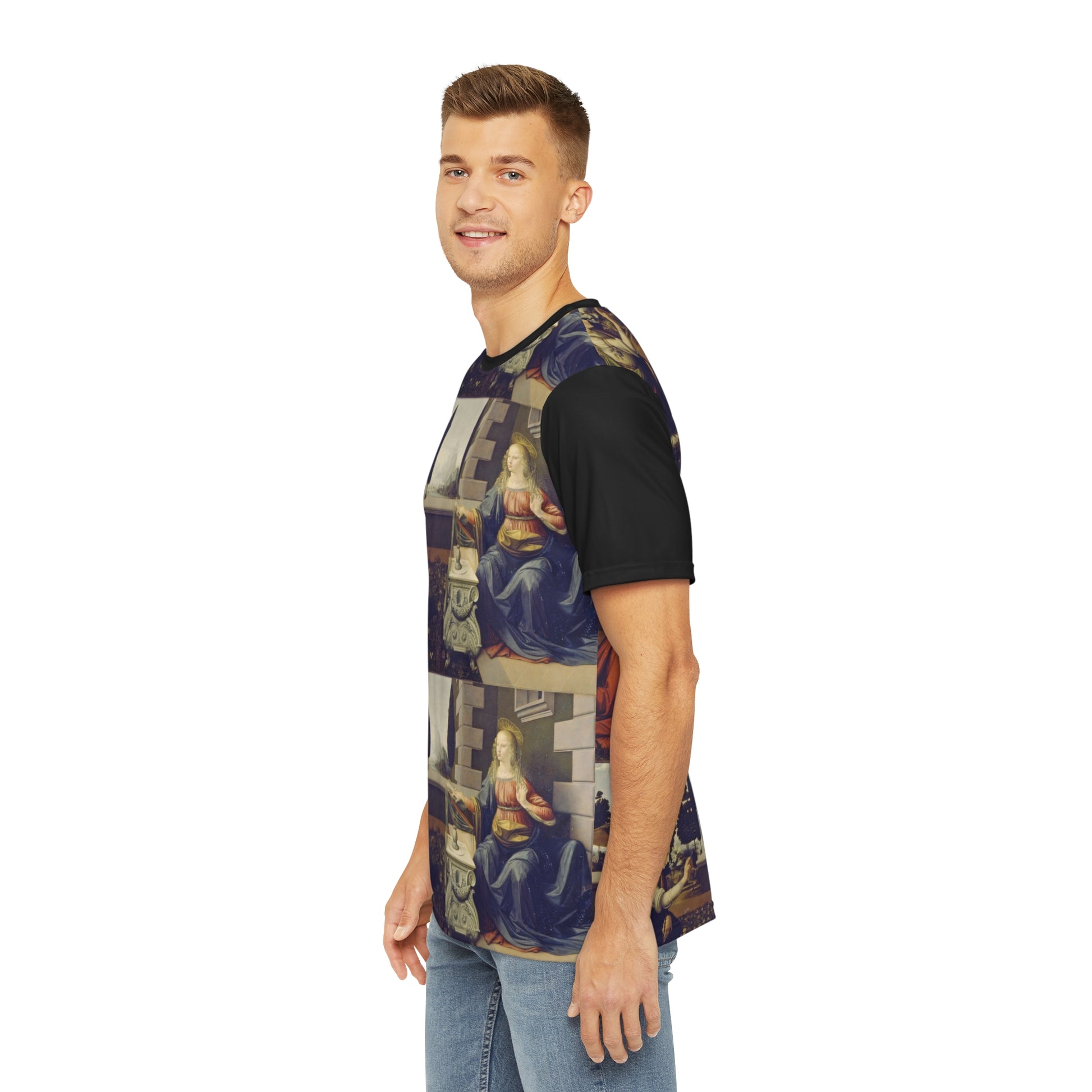 Leonardo da Vinci Annunciazione Grid Classic Art Men's Polyester Tee (AOP)-All Over Prints-Geotrott