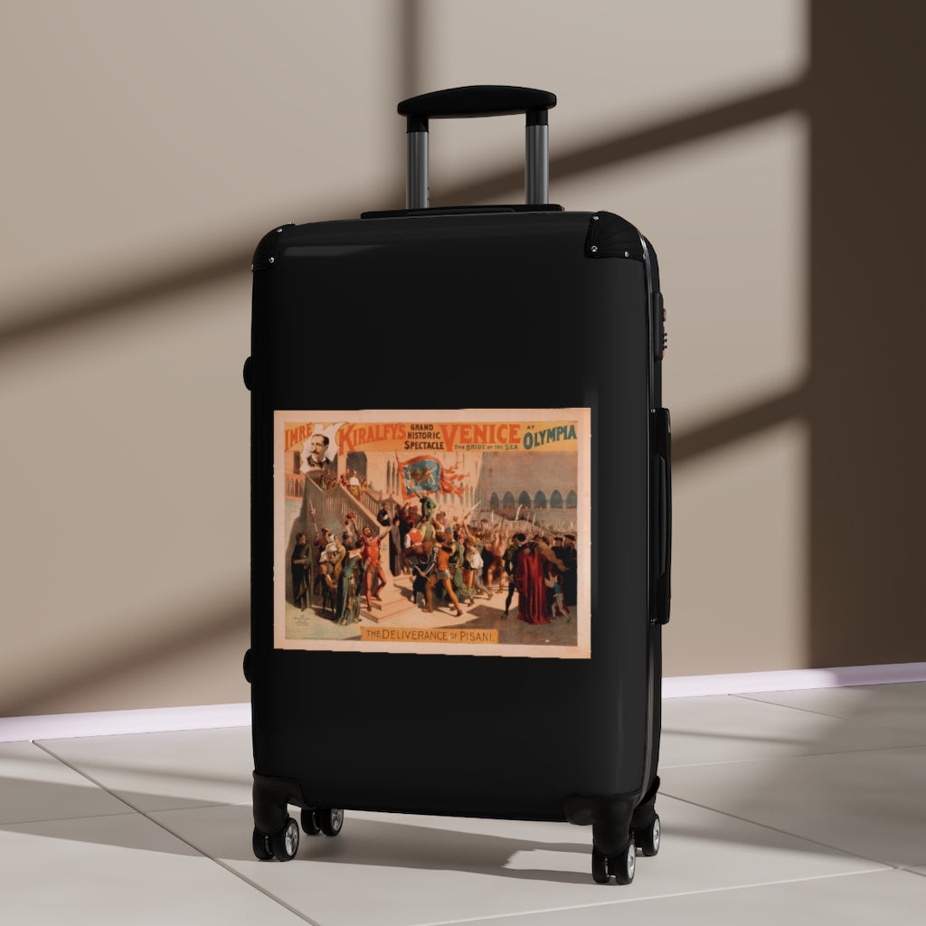 Getrott The Deliverance of Pisanl Imre Kiralfys Grand Historic Spectacle Venice The Bridge of the Sea at Olympia 1 World Classic Poster Black Cabin Suitcase Carry-On Travel Check Luggage 4-Wheel Spinner Suitcase Bag Multiple Colors and Sizes-Bags-Geotrott