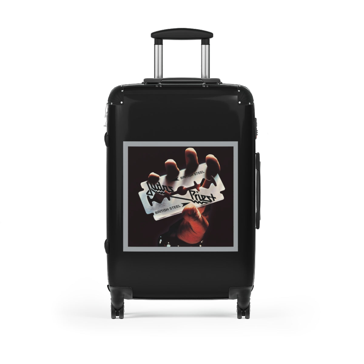 Getrott Judas Priest British Steel 1980 Black Cabin Suitcase Inner Pockets Extended Storage Adjustable Telescopic Handle Inner Pockets Double wheeled Polycarbonate Hard-shell Built-in Lock