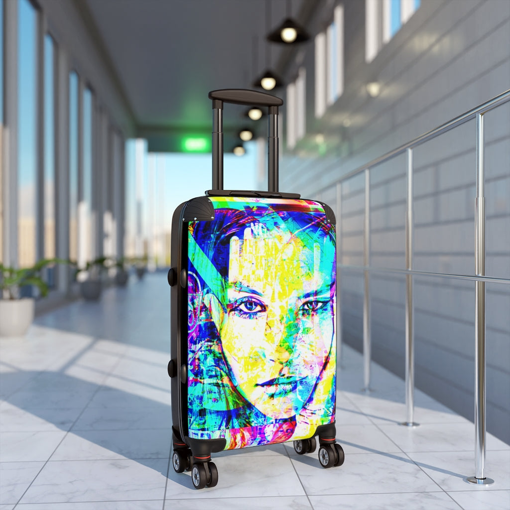 Getrott Gianna Face Graffiti Art Cabin Suitcase Inner Pockets Extended Storage Adjustable Telescopic Handle Inner Pockets Double wheeled Polycarbonate Hard-shell Built-in Lock