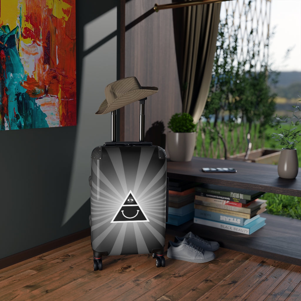 Getrott Illuminati Triangle Happy Face Black Cabin Suitcase Inner Pockets Extended Storage Adjustable Telescopic Handle Inner Pockets Double wheeled Polycarbonate Hard-shell Built-in Lock