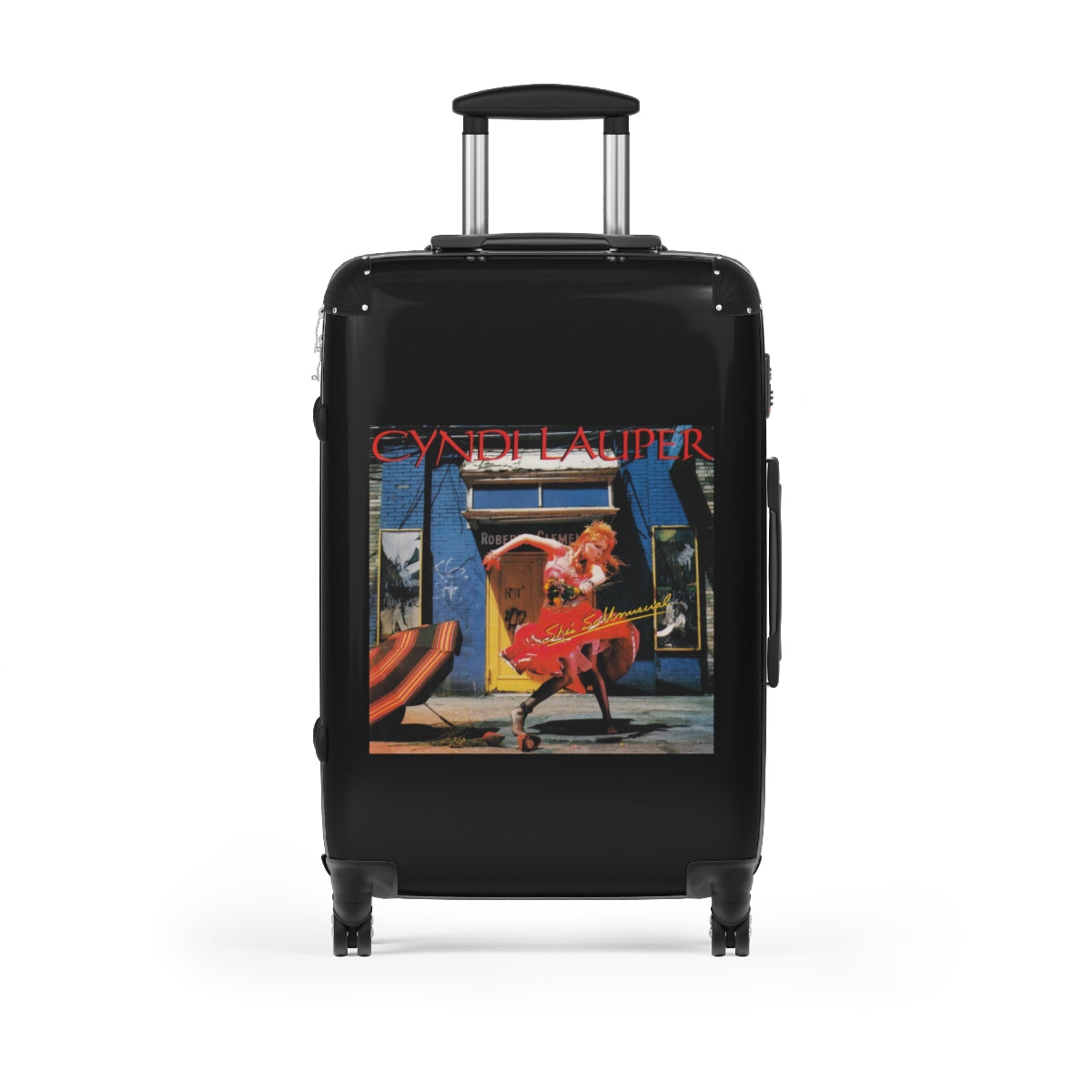 Getrott Cyndi Lauper Shes So Unusual 1983 Black Cabin Suitcase Extended Storage Adjustable Telescopic Handle Double wheeled Polycarbonate Hard-shell Built-in Lock-Bags-Geotrott