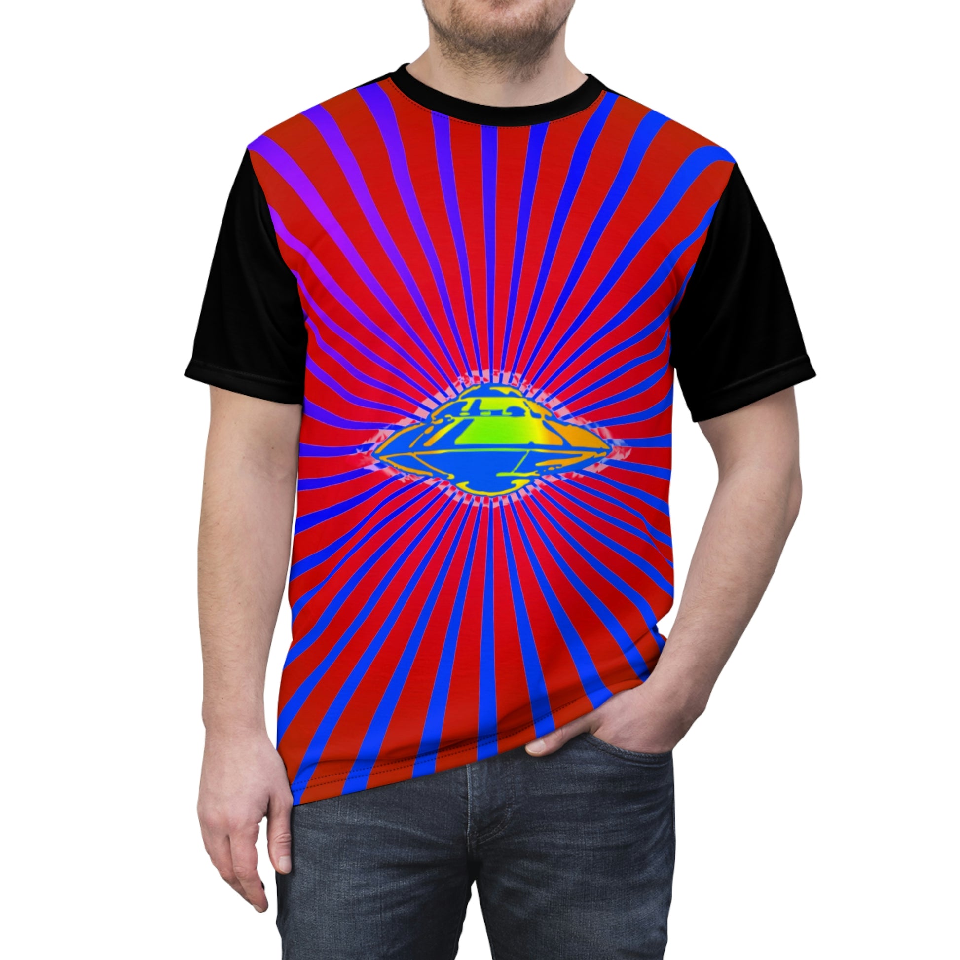 Geotrott Alien UFO Space Ship Flying Saucer Secret Aircraft Pink Blue Unisex AOP Cut & Sew Tee-All Over Prints-Geotrott