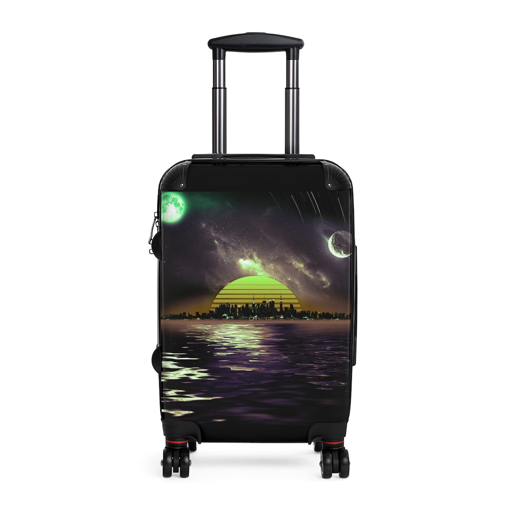 Getrott Space City Sunset Green Black Cabin Luggage Inner Pockets Extended Storage Adjustable Telescopic Handle Inner Pockets Double wheeled Polycarbonate Hard-shell Built-in Lock