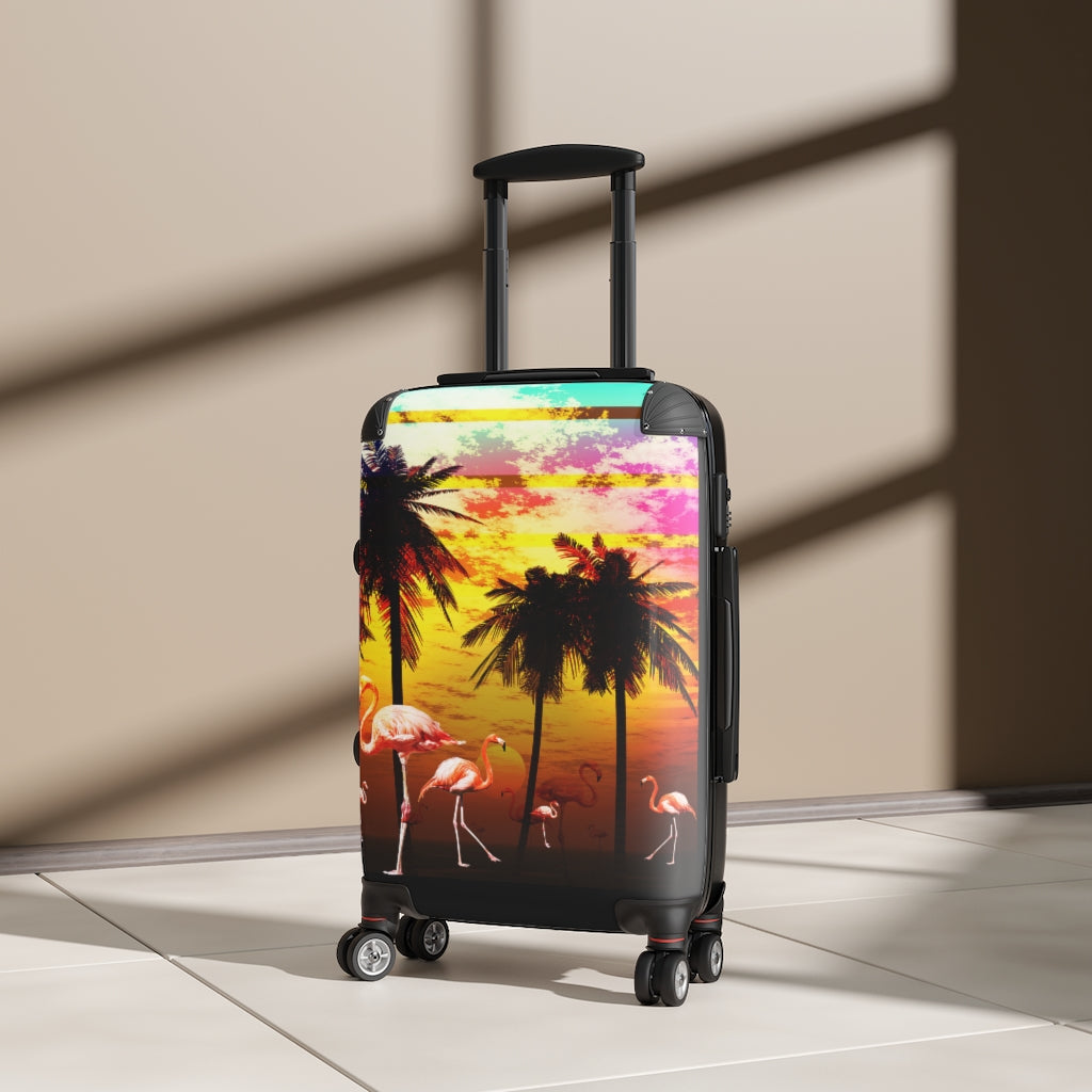 Getrott Beach Flamingos Sunset Art Cabin Suitcase Inner Pockets Extended Storage Adjustable Telescopic Handle Inner Pockets Double wheeled Polycarbonate Hard-shell Built-in Lock