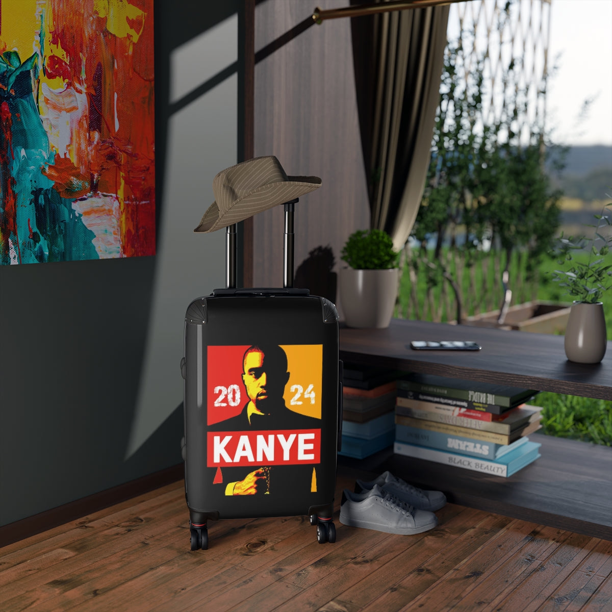 Getrott Kanye West for President 2024 Black Red Yellow Cabin Suitcase Inner Pockets Extended Storage Adjustable Telescopic Handle Inner Pockets Double wheeled Polycarbonate Hard-shell Built-in Lock