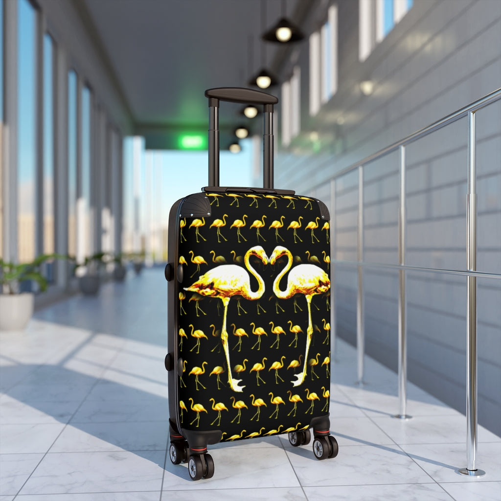 Getrott Yellow Flamingos Kissing Black Cabin Luggage Inner Pockets Extended Storage Adjustable Telescopic Handle Inner Pockets Double wheeled Polycarbonate Hard-shell Built-in Lock
