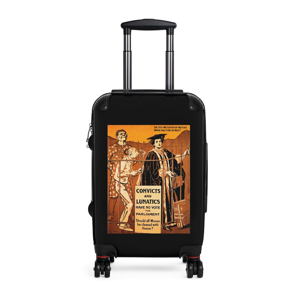 Getrott Convicts and Lunatics have No Vote for Parliament Black Cabin Suitcase Inner Pockets Extended Storage Adjustable Telescopic Handle Inner Pockets Double wheeled Polycarbonate Hard-shell Built-in Lock