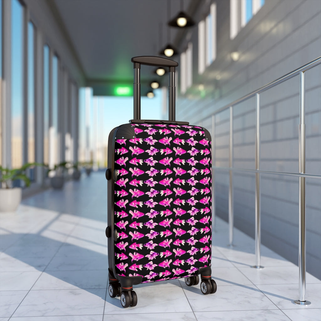 Getrott Pink Goldfish Pattern Black Cabin Luggage Inner Pockets Extended Storage Adjustable Telescopic Handle Inner Pockets Double wheeled Polycarbonate Hard-shell Built-in Lock