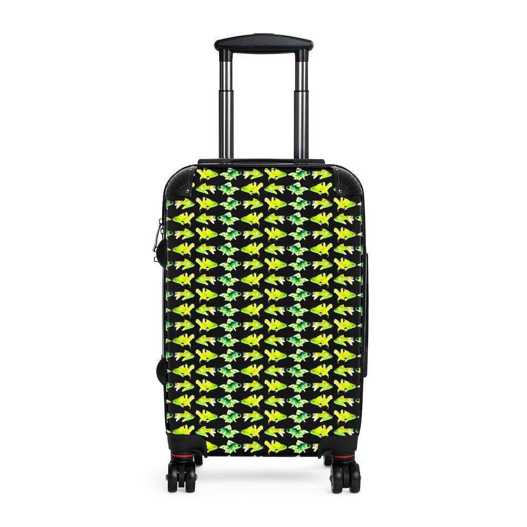 Getrott Goldfish Green Pattern Black Cabin Suitcase Inner Pockets Extended Storage Adjustable Telescopic Handle Inner Pockets Double wheeled Polycarbonate Hard-shell Built-in Lock