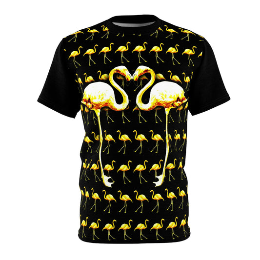 Geotrott Yellow Flamingos Birds Kissing Art Unisex AOP Cut & Sew Tee-All Over Prints-Geotrott