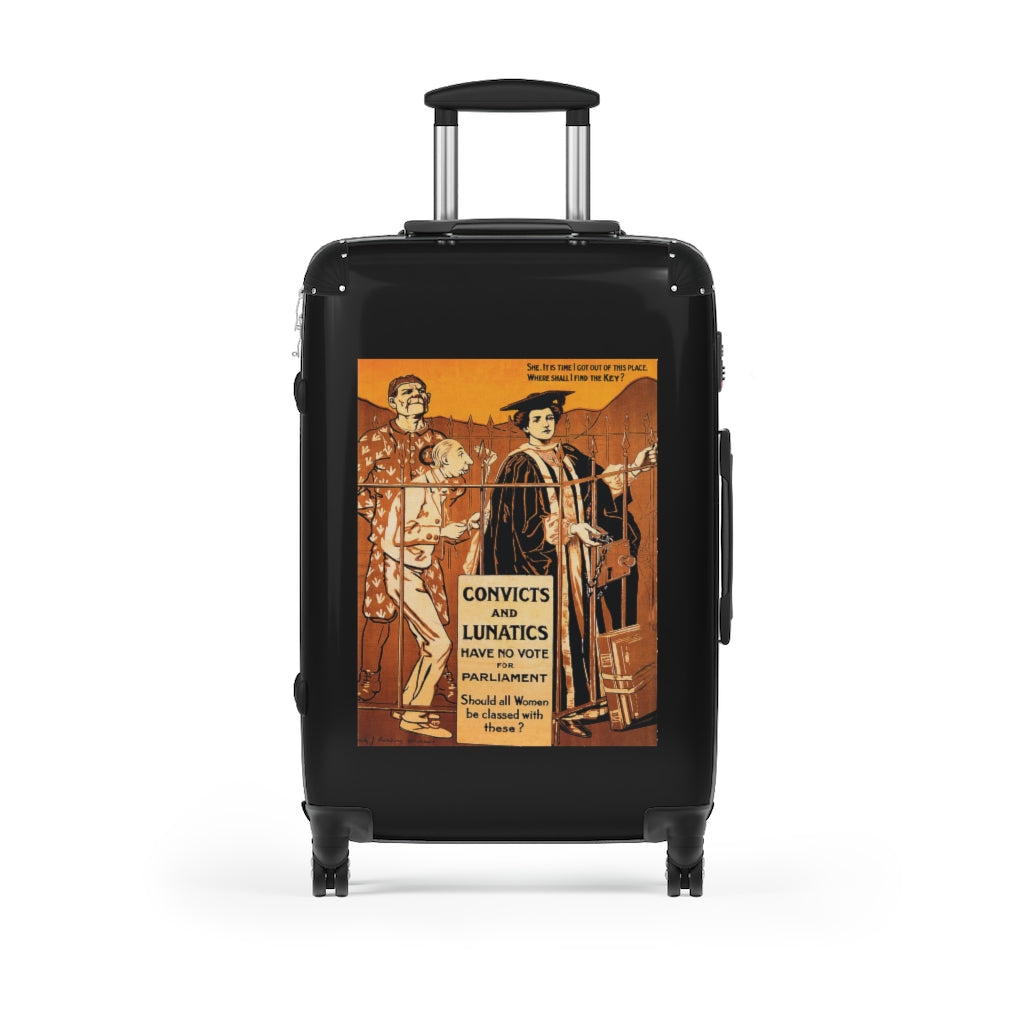 Getrott Convicts and Lunatics have No Vote for Parliament Black Cabin Suitcase Inner Pockets Extended Storage Adjustable Telescopic Handle Inner Pockets Double wheeled Polycarbonate Hard-shell Built-in Lock